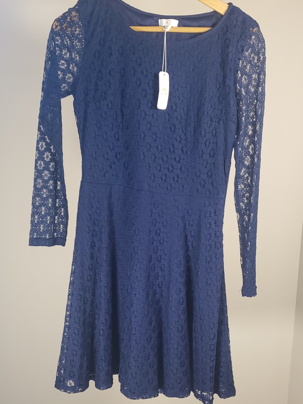 Charming Charlie Navy Lace Long-Sleeve Fit & Flare Dress